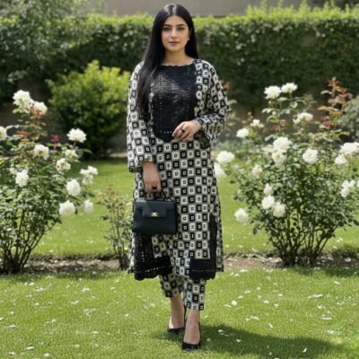 Monochrome Grace – Black & White Geometric Embroidered 2-Piece Suit